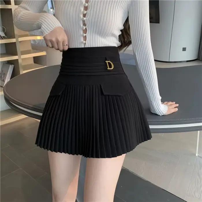 Zwarte Geplooide Rokken Vrouwen Hoge Taille Mini Rok métal lettre D Ontwerp a-lijn Clubwear Koreaans