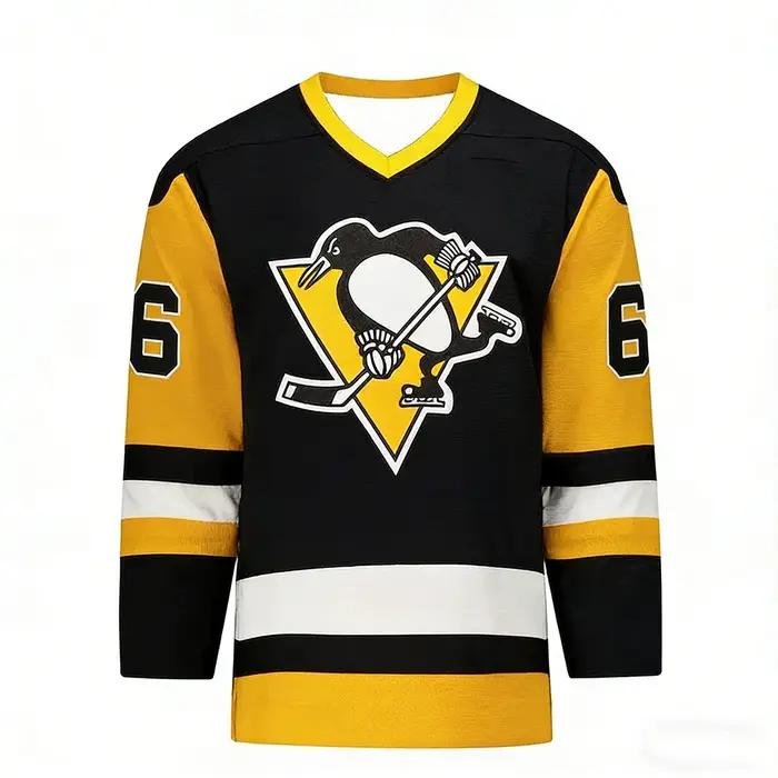 Maillot de hockey 2026 jaune/blanc/noir avec accents et logo pingouin, respirant, imprimés 3D HD pou