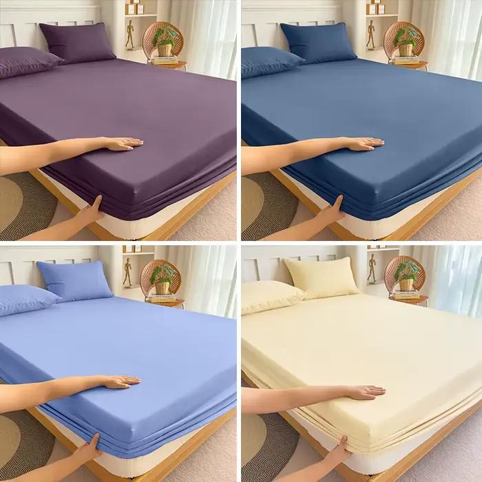 Drap housse 90 120 150 180x200 polyester bandes elastics color unie protection matelas lits simples doubles king size confort durable harmonie chambre