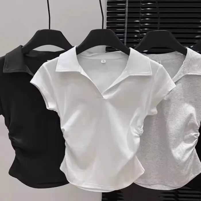 Coton été Sexy femmes t-shirt maigre mince basique solide haut court à manches courtes Polo t-shirt