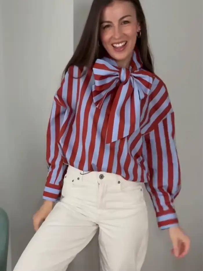 Chemisier rayé élégant à nœud papillon pour femme TFMLN, nouvelle collection printemps, chemise ampl
