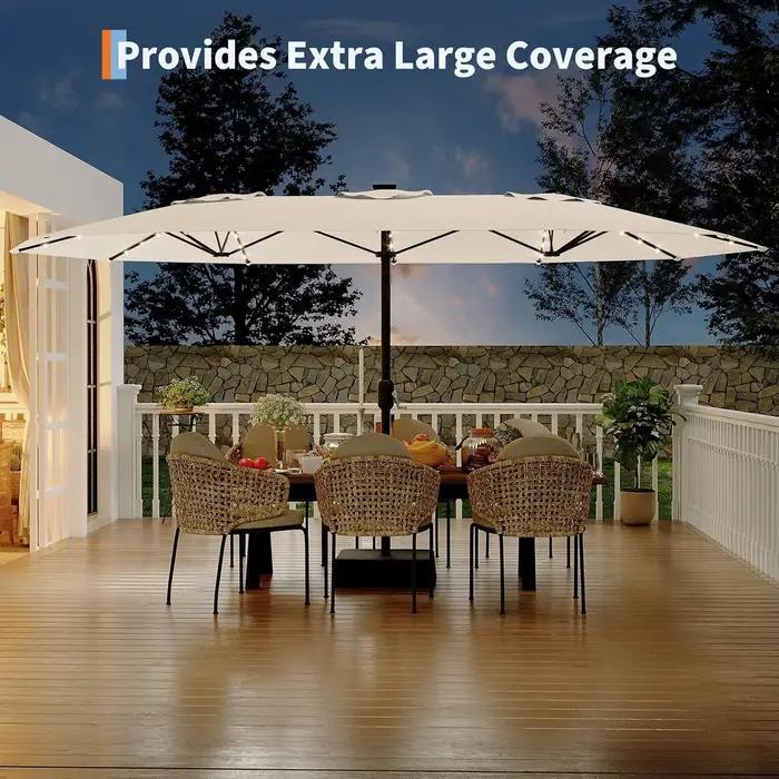 Parasol de patio extérieur de 15 pieds avec lumières LED solaires et base, grand pare-soleil rectang