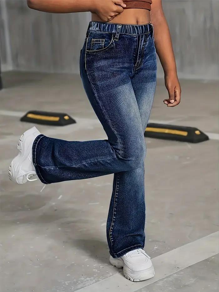 Jean à jambes larges de style scolaire pour filles, taille élastique et tissu confortable, adapté à