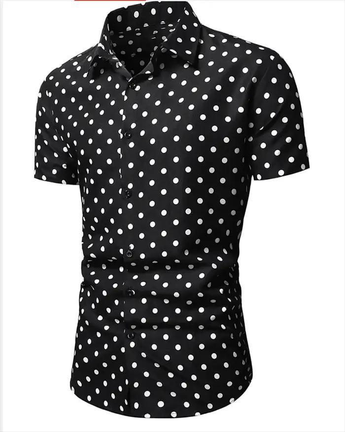Chemise homme été plage chemise noir et blanc manches courtes à pois revers vêtements de vacances à