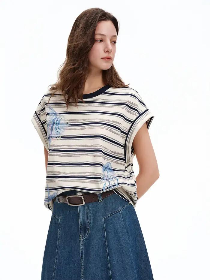 T-shirt DUSHU à manches raglan rayées imprimé océan et strass, col rond, coupe ample et confortable,