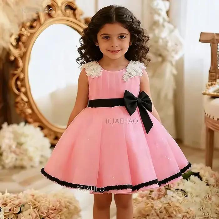 Robe de soirée noire pour filles avec nœud et ceinture, tenue de princesse tutu pour enfants, idéale