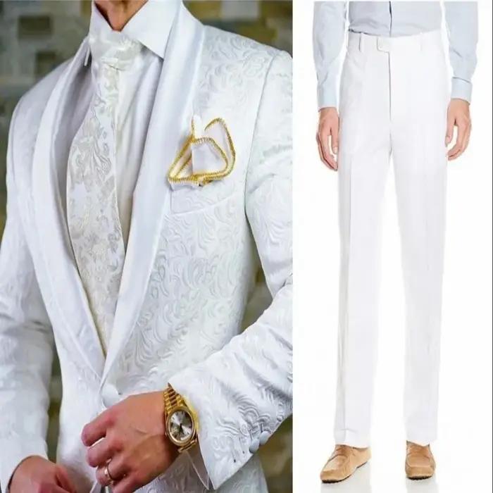 GroomTIME-Costumes 2 pièces en satin blanc pour hommes, smokings de marié, châle, revers, mariage, m