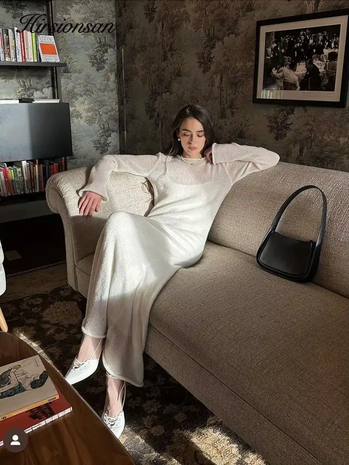 Hirsionsan – robe longue en tricot élastique pour Femme, col rond, élégante, Chic, douce, ajourée, p