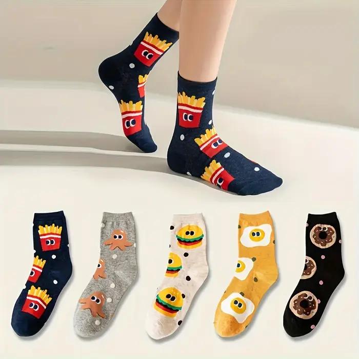 5 paires de chaussettes pour enfants de couleurs mélangées avec des motifs de hamburger et de frites