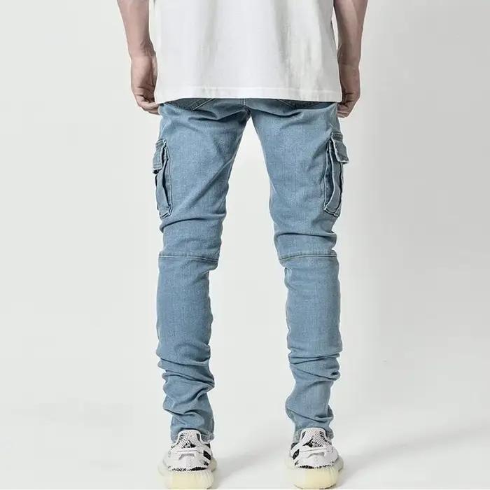 Jean élastique de rue pour hommes, pantalon Cargo en Denim, couleur unie, multi-poches, décontracté,