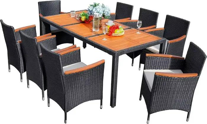 Ensemble de salle à manger de Patio 9 pièces, Table et chaises d'extérieur en bois d'acacia avec cou