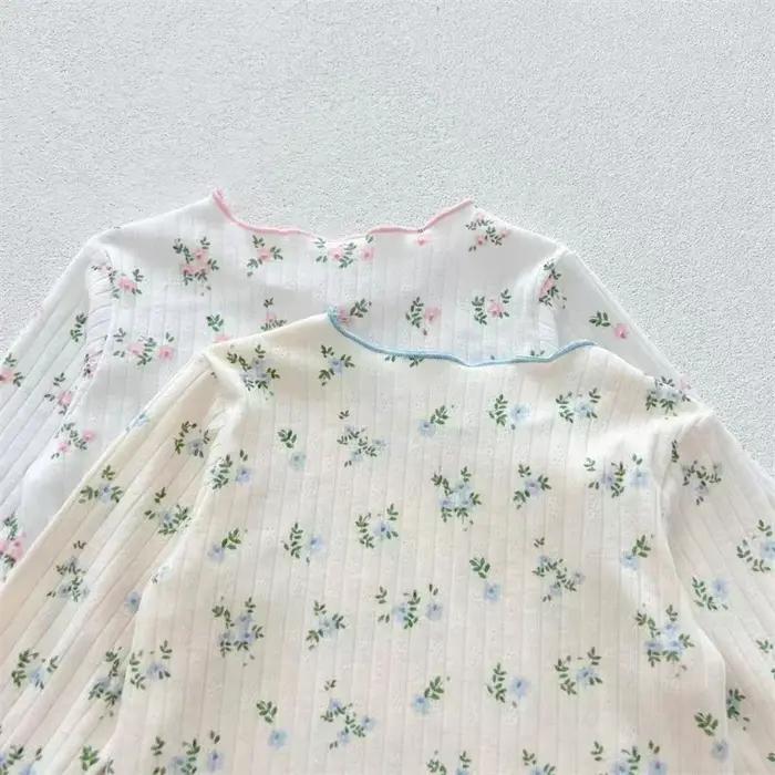  Nouveauté bébé filles imprimé fleuri coton pyjama ensemble à manches longues dentelle garniture de