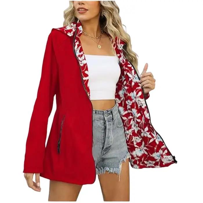 Veste à capuche d'automne pour femmes, manteau décontracté imprimé réversible avec poches, Streetwea