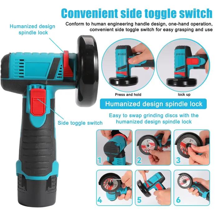 Mini-meuleuse d'angle 12V au lithium-ion, outil de meulage, vitesse de coupe 19500 tr/min, protectio