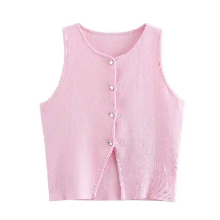 MUJER rose tricot sans manches gilet femmes recadrée pull gilet haut femmes jaune bouton gilets femm