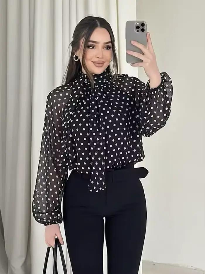 Femmes à pois imprimé Blouse décontracté col haut à manches longues dame haut Simple femmes Blouse f