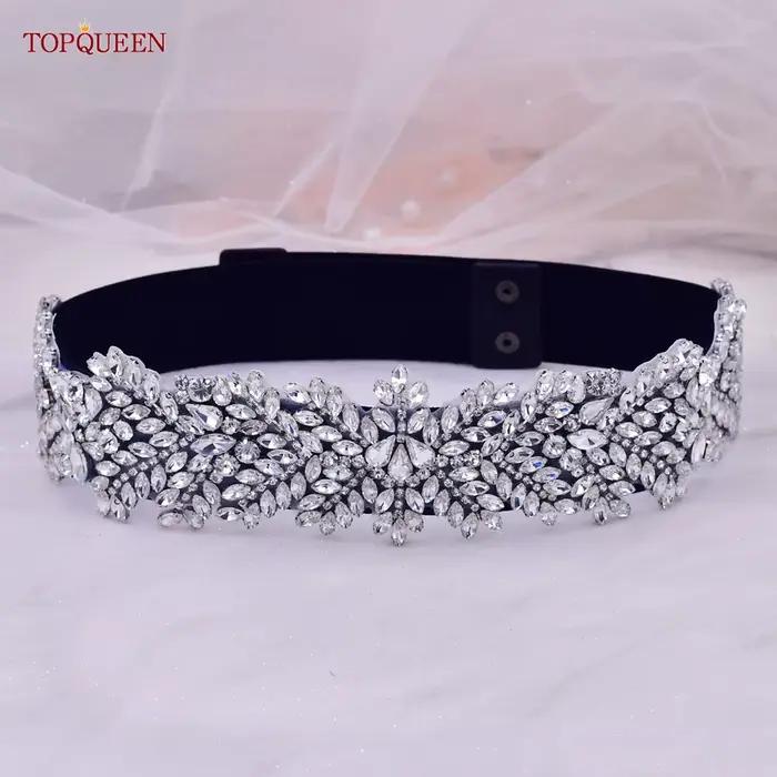 TOPQUEEN S420-B femmes noir mode élastique larges ceintures argent strass à la main perlé ceinture r