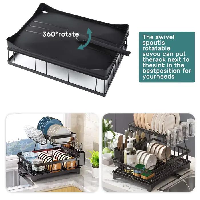 Support de rangement de cuisine, égouttoir à vaisselle à 2 niveaux avec bac d'égouttage et tapis d'é