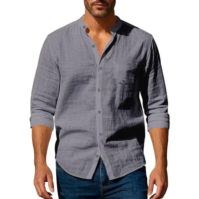 Chemise en coton et lin pour hommes, col Henley, couleur unie, légère, respirante, coupe cintrée, si