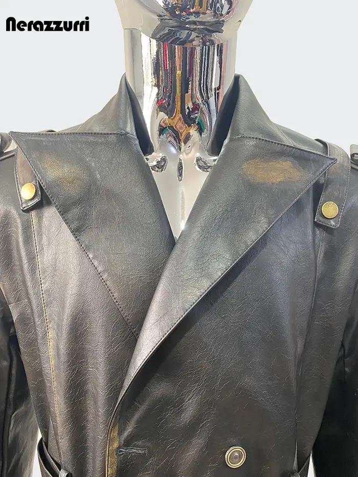 Nerazzurri printemps automne Cool Long imperméable en détresse noir Pu cuir Trench manteau hommes ce