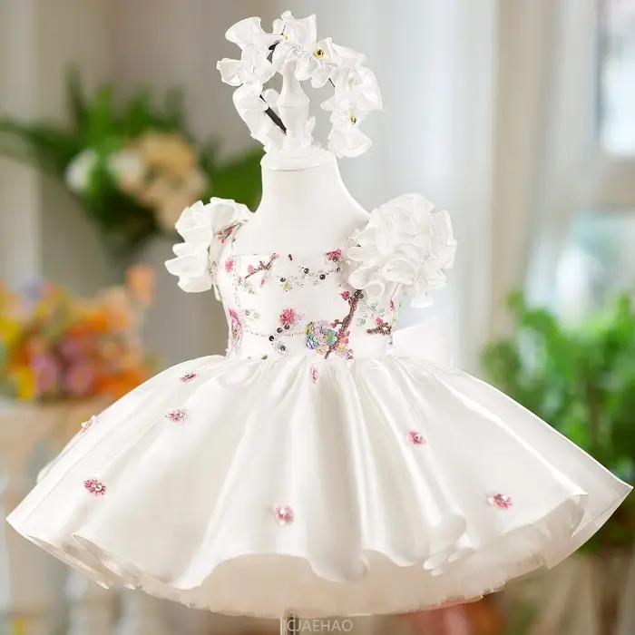 Robe de mariée en Satin blanc pour filles, tenue de princesse Tutu à manches flottantes, vêtements p