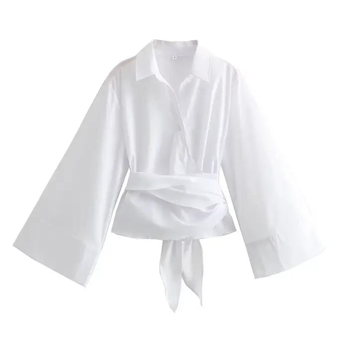 Chemise en popeline à Double boutonnage pour femmes, nouvelle mode décontractée, col Polo, nœud papi