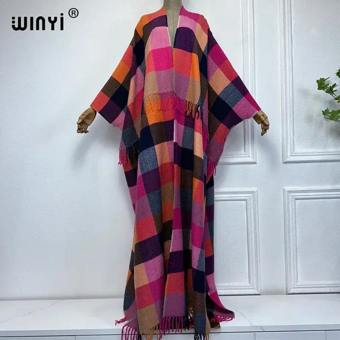 WINYI-Manteau d'hiver rétro à carreaux pour femme, caftan du Moyen-Orient, robe plissée, cardigan af
