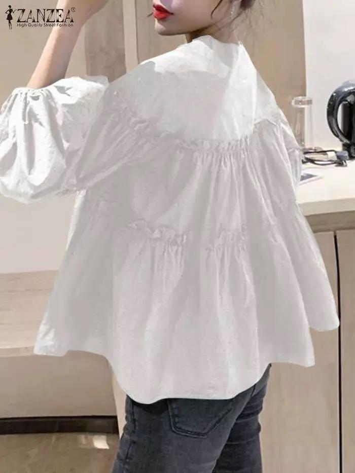 ZANZEA mode femmes à manches longues bouffantes Blouse automne printemps Eelgant chemise volants Blu