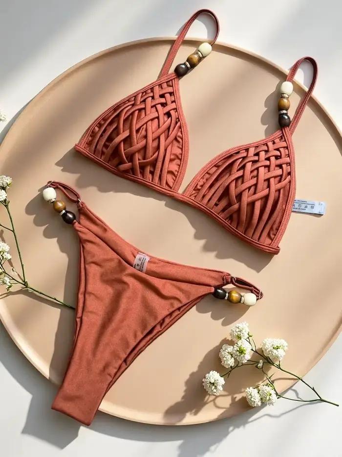 Sexy marron Bikini ensemble 2026 femmes perles sangle trou sur Push Up soutien-gorge string maillot