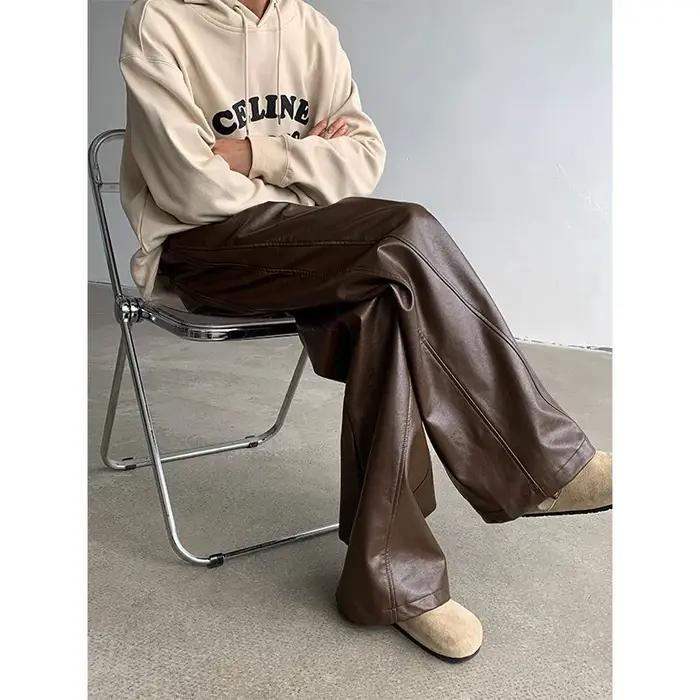 Pantalon droit en cuir PU pour hommes, mode punk, hanche, jambe large, vadrouille, coupe-vent, fjcd