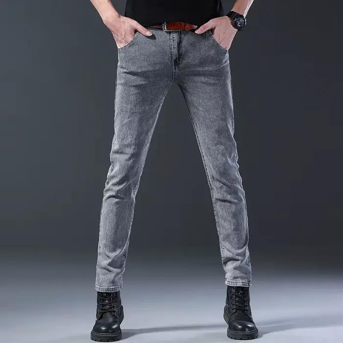Jean nouveau style, coupe slim pour hommes, pantalon taille moyenne gris élastique à jambe droite co