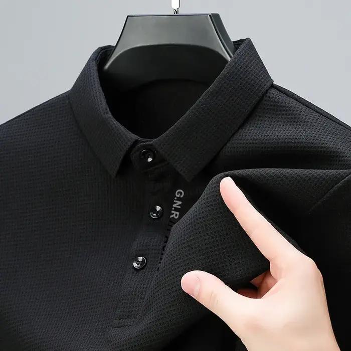 POLO gaufré à manches longues pour hommes avec lettre imprimée revers haut décontracté
