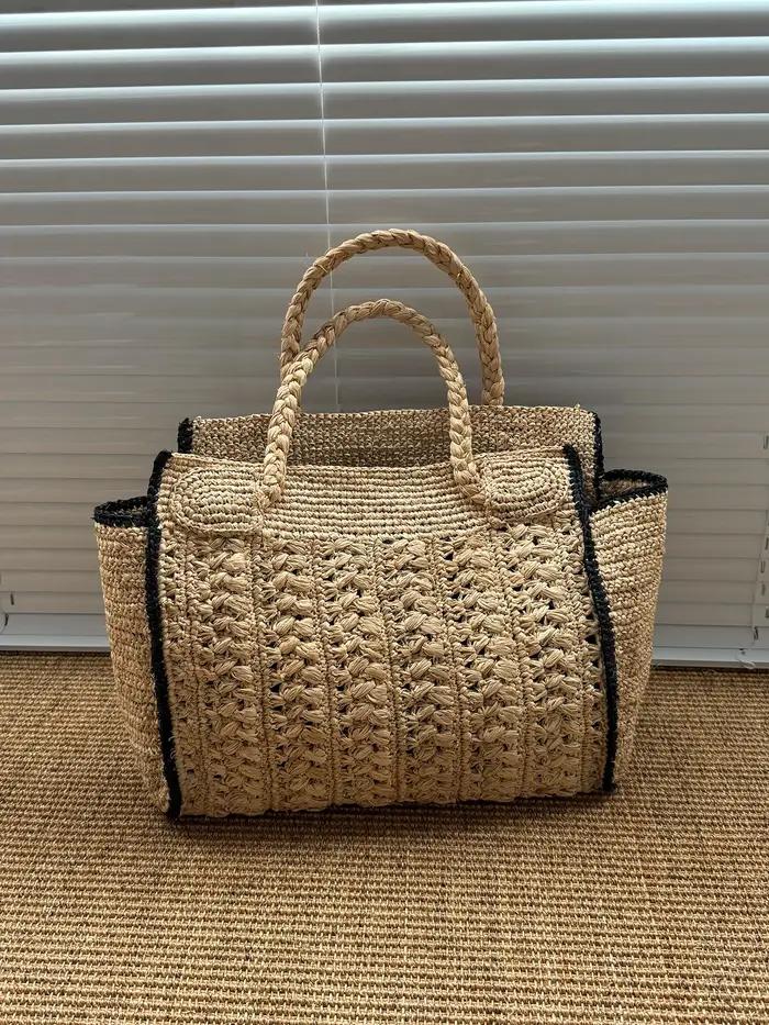 Sac de plage tressé vintage français Lafite, fait main, polyvalent, grande capacité, pour femme, ten