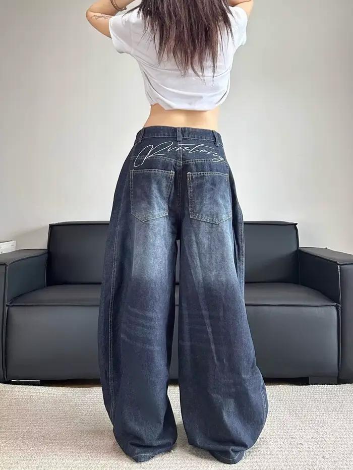 Jean Patchwork brodé pour femmes, élégant, Chic, Vintage, drapé délavé, Denim, droit, coupe ample, a