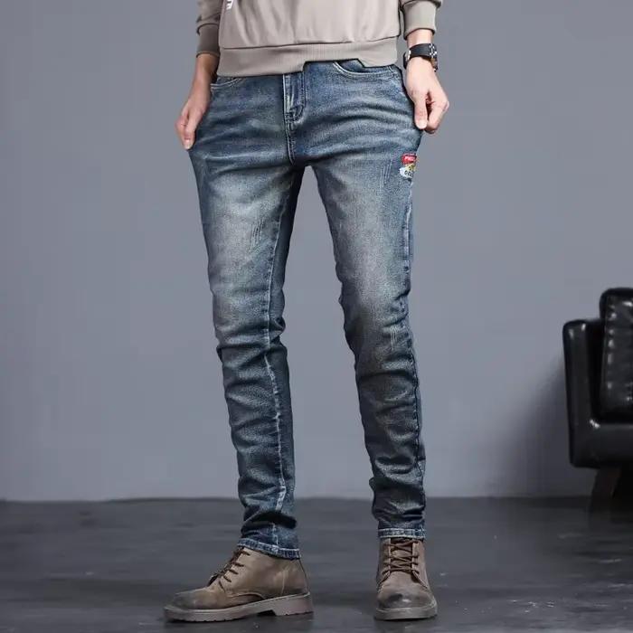 Jeans vintage brodés pour hommes, pantalons en denim Slim, petits pieds, mode coréenne, fjcommisted,