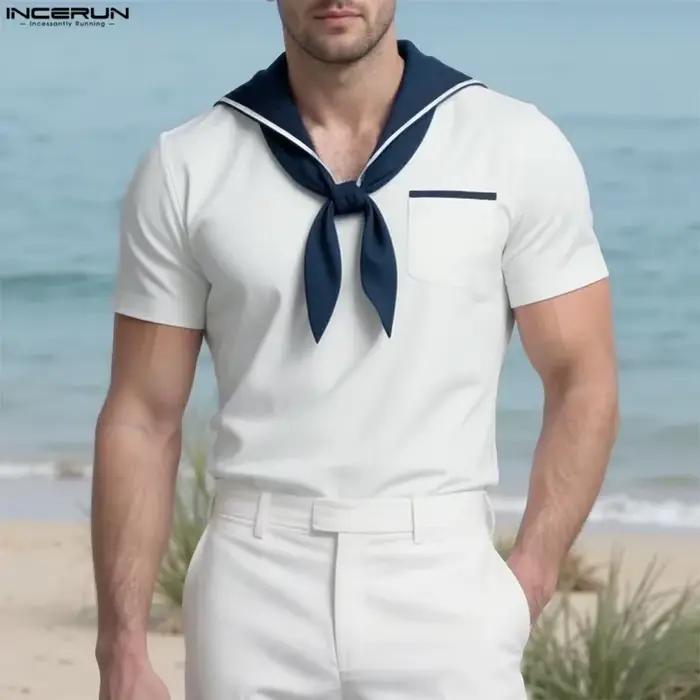 INCERUN hommes t-shirt Patchwork été col marine à manches courtes hommes t-shirt hauts Streetwear 20