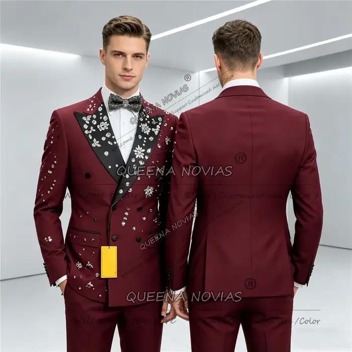 Costume de luxe bordeaux pour homme pour mariage, orné de pierres de joaillerie Black Label, blazer