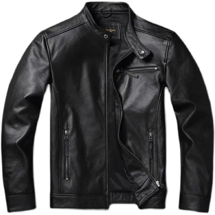 Veste en cuir de vachette de haute qualité, manteau à col montant, couche supérieure, mince, décontr