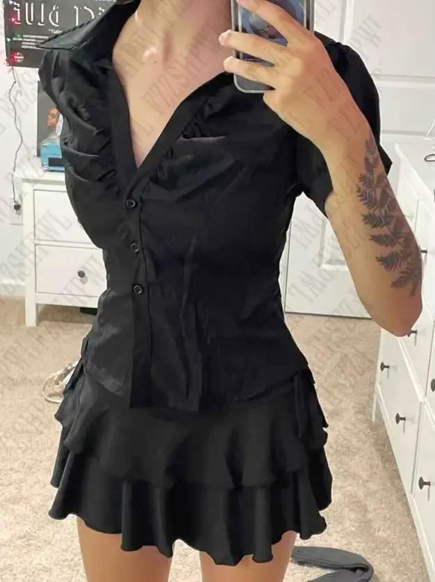 Vintage esthétique femmes personnalité Y2K mince vêtements mode chemises Harajuku à manches courtes