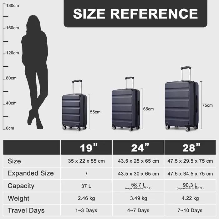 Valise à main KONO-étui rigide léger avec serrure TSA et 4 roues spinner, cabine (55/65/75 cm)