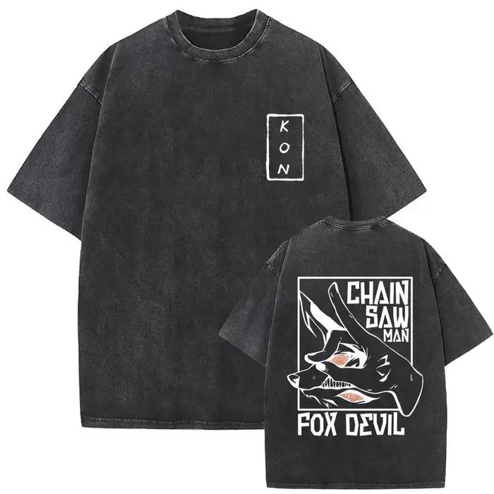 Anime tronçonneuse homme Vintage lavé T-shirt Hayakawa Aki invocation Kon Fox diable graphique T-shi
