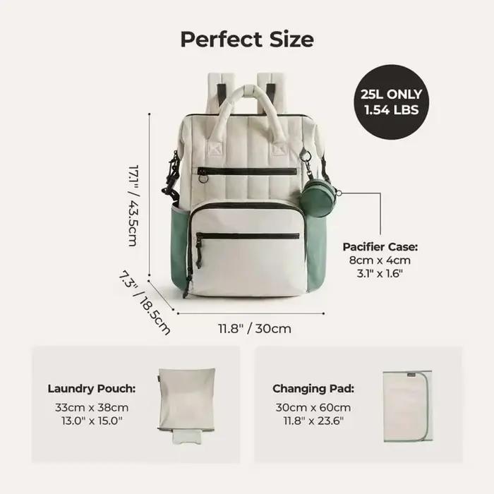 Sac à couches à dos contrasté blanc et vert, avec petite pochette, organisateur minimaliste des esse