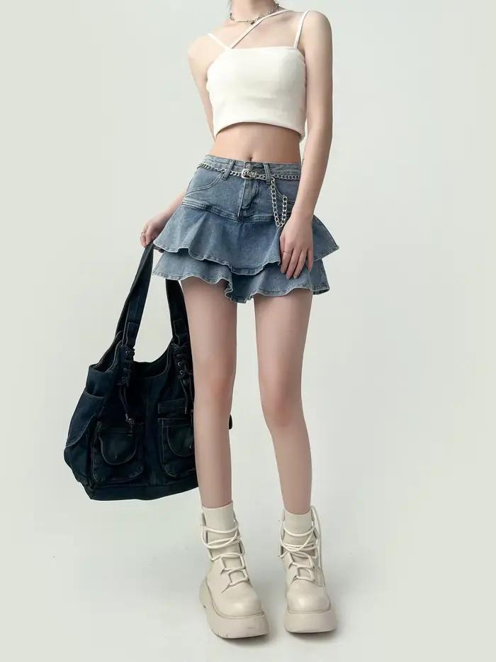 Spice Girls jupe en jean anti-dérapant Double jupe en jean femme extensible taille haute minceur a-l