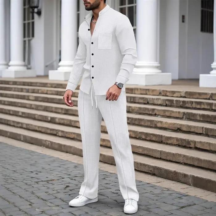 Nouveau costume d'automne pour hommes, chemise gaufrée à manches longues de couleur unie avec cardig