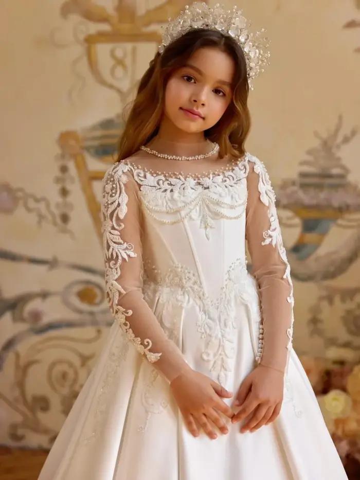 Robe de princesse en Satin blanc pour enfants, robe de bal avec perles brodées, en Tulle, à manches