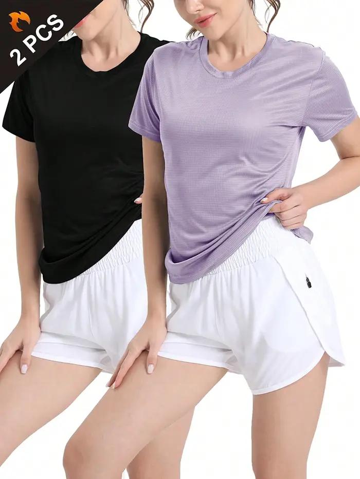 T-Shirt de Sport ultraléger à séchage rapide pour femmes, 2 pièces, couleur unie, haut léger et resp