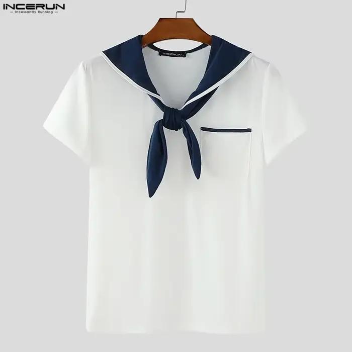 INCERUN hommes t-shirt Patchwork été col marine à manches courtes hommes t-shirt hauts Streetwear 20
