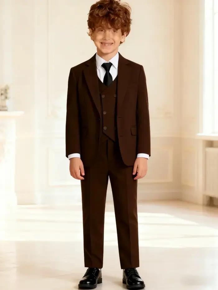 Ensemble de costume formel 4 pièces marron pour enfants, costume de cérémonie pour garçons, blazer c