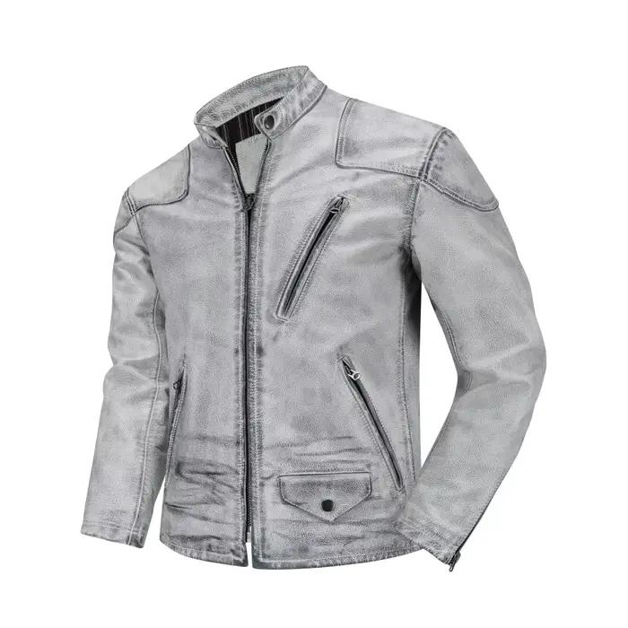 Veste en cuir véritable vieilli pour homme, style rétro, finition usée, col montant, classique, en c