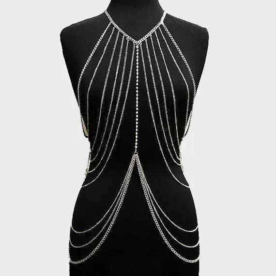 Harnais de chaîne de corps multicouche pour femmes, chaîne de poitrine brillante, accessoires Sexy,